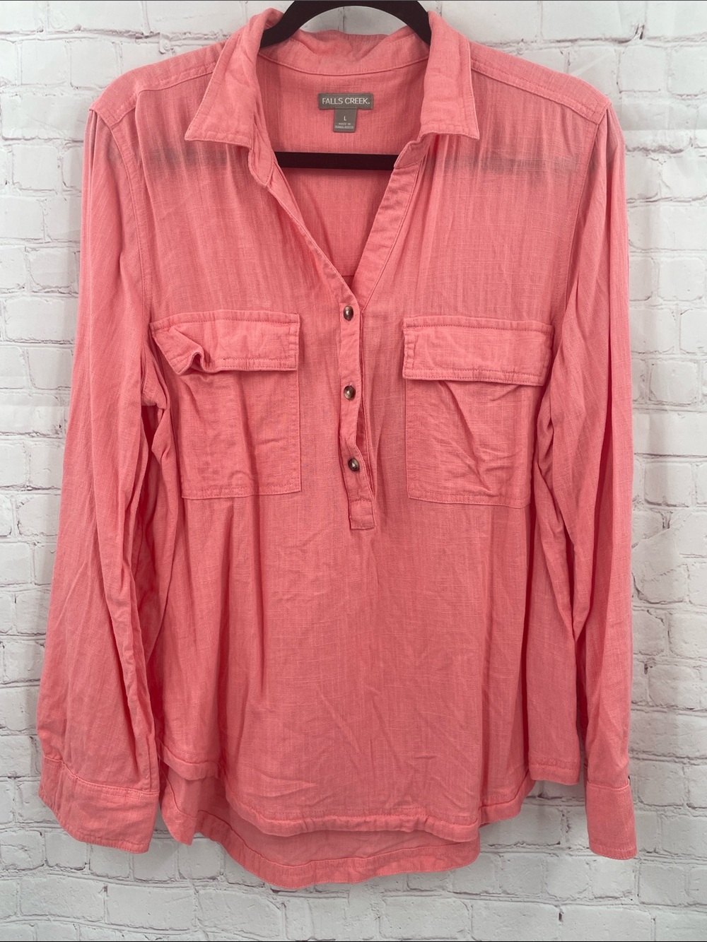 Falls Creek Coral Button-Front Utility Blouse Viscose Linen Large Top